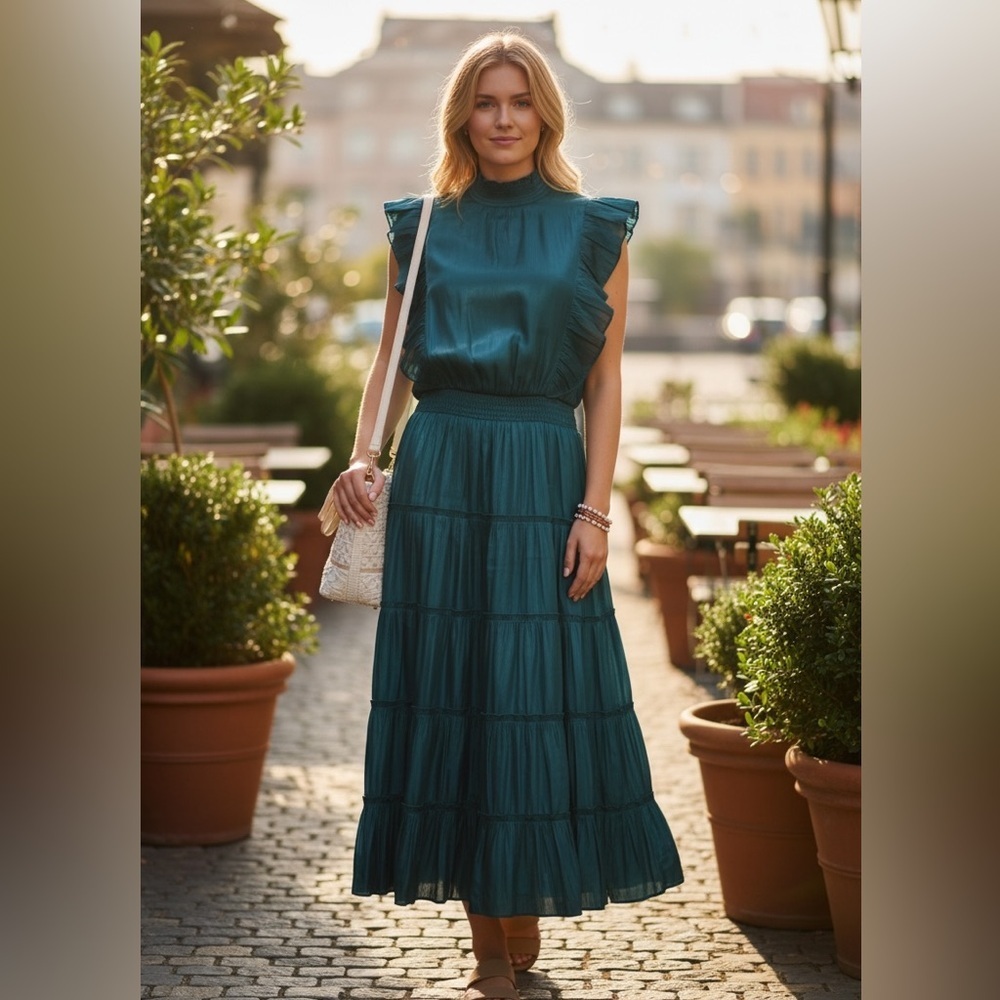 Grey Collective Teal Smocked Waist Midi Dress With Ruffled Sleeves Size L, NWT
